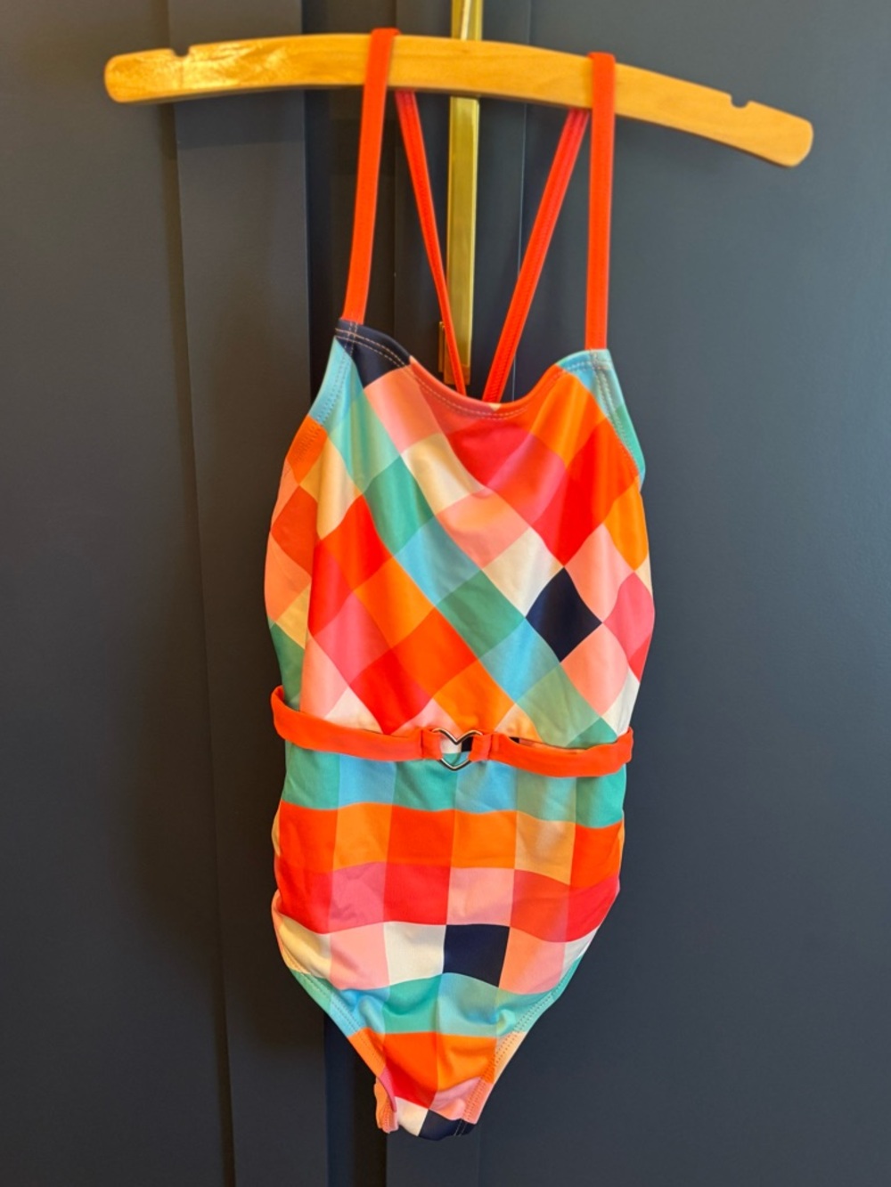 Pink Platinum Orange Multi-Check Kids One-Piece Swimsuit